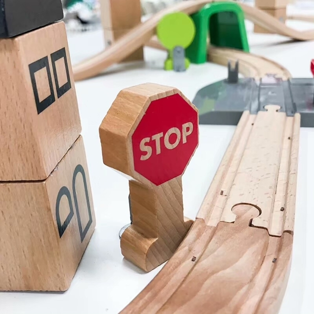 Wooden Train Set with Red Stop Sign